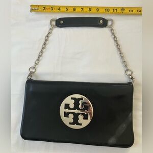 Tory Burch REVA Black Clutch with Silver Chain